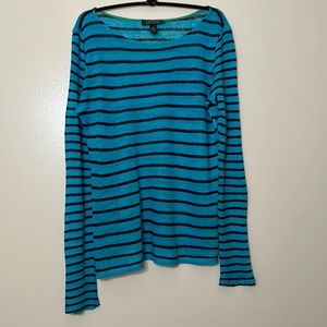 Lauren Ralph Lauren Navy and Turquoise Stripe Boatneck Linen Knit Top, Size L,
